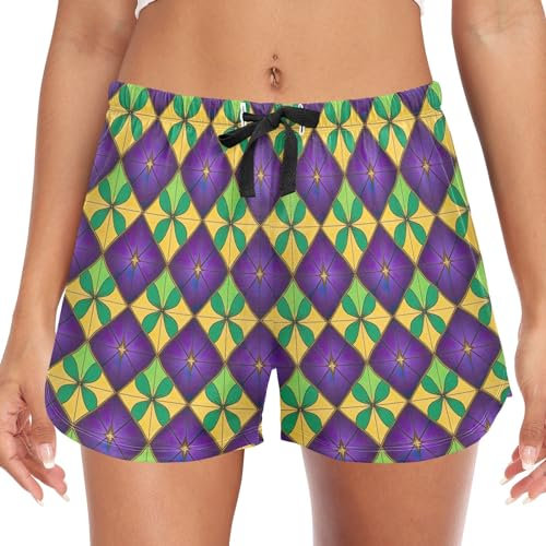 CHIFIGNO Damen Pyjamas Shorts Lounge Hosen Frauen mit Taschen Elastische Taille Yoga Shorts Bequeme Pj Hosen, S-XXL, Mardi Gras Karneval-3, L, Mardi Gras Karneval-3, L