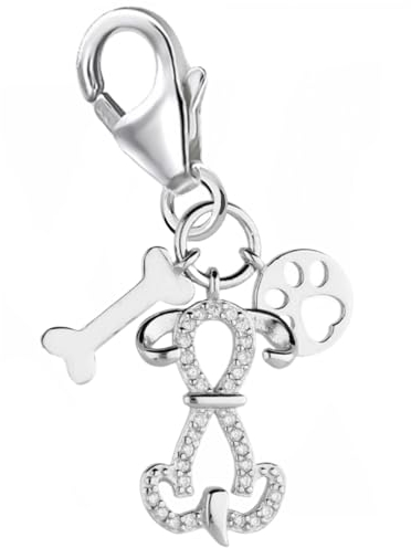 Goldene Hufeisen 3 in 1 Hund Charm Anhänger 925 Silber Zirkonia, Karabiner für Armbänder, Bettelarmbänder
