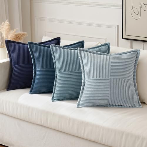 MIULEE 4er Set Kordsamt Kissenbezüge Weich Dekokissen Dekorativ Kissenbezug Modern Kissenhülle Sofakissen Zierkissen Couchkissen für Wohnzimmer Schlafzimmer Blau Serie 50x50 cm