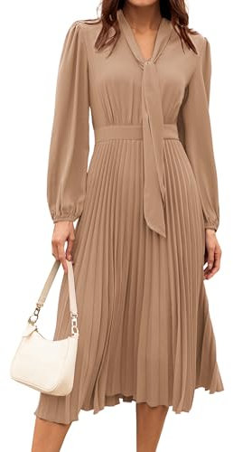 Vintage-Plissee-Kleid für Damen Im 50Er-Jahre-Stil mit Langen Ärmeln Cocktail-Retro-Kleid mit Fliege und Ausgestelltem A-Linien-Kleid Khaki 36