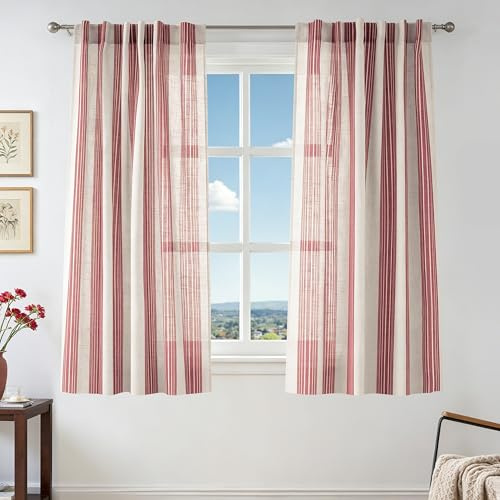 DriftAway Farmhouse Vorhänge aus Leinen-Mischgewebe, vertikal gestreift, lichtfilternd, halbtransparent, für Wohnzimmer, Schlafzimmer, 137 cm lang, 2 Paneele, breit gestreift, Leinen, Rot