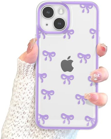 EYZUTAK Case for iPhone 14 Plus, Clear Cute Ribbon Bowknot Pattern Aesthetic Transparent Phone Case Raised Camera Protection Stylish Slim Soft Durable TPU Protective Cover for Women Girls - Purple