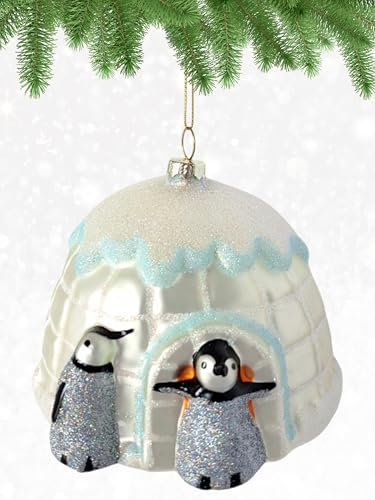 Cobane Pookie Pinguin Iglu aus geblasenem Glas, Weihnachtsschmuck – Glasornamente für Weihnachtsbaum und saisonale Dekoration