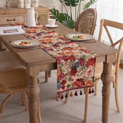 Clothfuna Bohemia Jacquard-Tischläufer, Vintage-Boho-Style aus Gewebter Baumwollmischung mit Quasten für Esstisch, Party, Urlaub, Outdoor (Vintage-Blume 2, 33 x 200 cm)