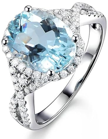 Tolldek 18 Karat Weißgold Ring, Klassiker Zart Verlobungsring mit Aquamarin 3.16ct Ovalschliff, Antragsring mit Diamant 18K Gold Trauringe Echt Schmuck, Gr.50 (15.9)