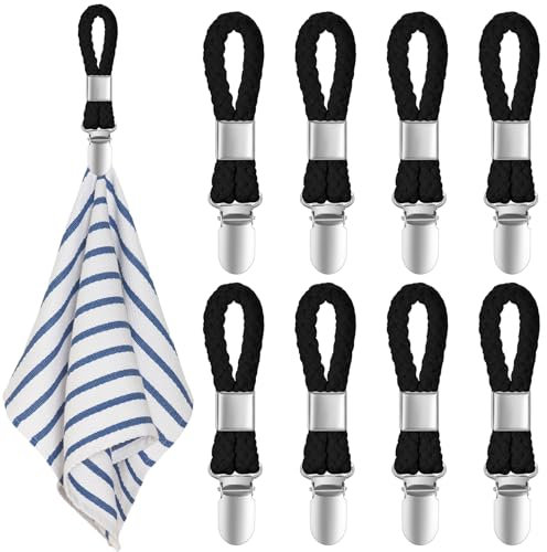XIANGPICA 8 Stück Handtuch Clips zum Aufhängen, Handtuchclips mit Schlaufen, Handtuch Klammer, Haken für Handtücher, Geschirrtuch Handtuchhalter Clips (Schwarz)