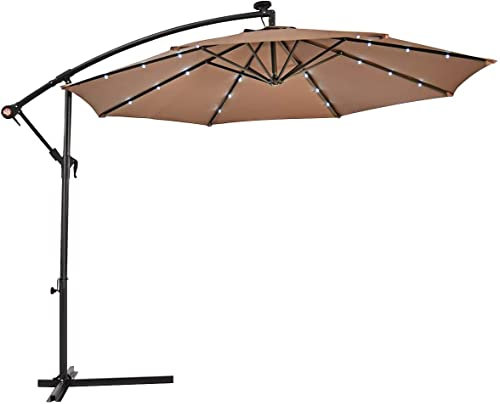 3M Premium Freischwinger Sonnenschirm mit solarbetriebenen LED-Lichtern, Bananen-Terrassenschirm für Garten, Terrasse, Schwimmbad, Braun