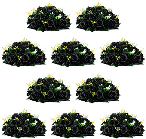 KXQYIKYI Nuptio, 10 künstliche Blumenstrauß Schwarze Hortensien, 15 künstliche Rosenköpfe mit Sockel, echt aussehende Schwarze künstliche Blumen (schwarz)