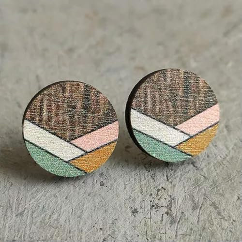 Holzohrstecker mit geometrischem Streifenmuster, runde sechseckige Holzohrstecker für Frauen