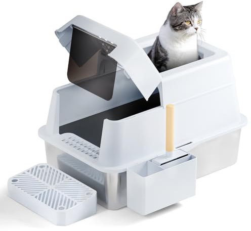 FRETONBA Arenero Gato Grande XXL de Acero Inoxidable Flip Top, 26L Gran Capacidad Caixa de Areia para Gatos, Arenero Alto, Fácil de Limpiar, Cat Litter Box con Cubierta, Pala, Pedal, Blanco