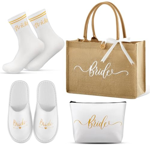 Hestya 4 Stück JGA Accessoires Frauen Jute Tragetasche Braut Tasche Bride To Be Socks Bride Pantoffeln Brautaccessoires für Junggesellenabschied Frauen Hochzeit Geschenk Brautparty