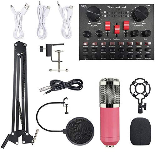 BM800 Microphone Sound Card Set with 16 Sound Effects and BT Function Live Recording Equipment with Noise Reduction Chip Wind Noise Prevention (Pink & Silver)