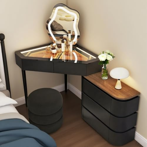 Schminktisch Eck mit Beleuchtung Weiß/Schwarz Eck Kosmetiktisch mit mit Spiegel 80CM Frisiertisch mit Schubladen und Hocker Eckschminktisch Glasplatte Eck Frisierkommode (Schwarz A, 80cm)