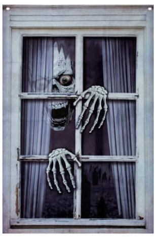 Global Gizmos Halloween Decorations Horror Scary Skeleton Window Decoration / 120 x 80cm Size/PVC Material/Built-in Hanging Holes/Halloween Backdrop For Windows, Doors, Parties & More
