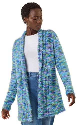 Roman Women Fluffy Cardigan Ladies Winter Cardi Longline Edge to Edge Ombre Coatigan Casual Sparkly Glittery Jacket Knitwear Knitted Autumn Fleecy Cosy Soft Coats - Multi Blue - Size 20