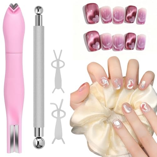 4Pcs Cat Eye Nail Magnet Kit, 3-in-1 Magnet for Gel Polish with Dual-Ended Pen & 2Pcs Bunny Guides - 3D Nail Art Designs & Create Stunning Cat Eye at Home or Salon