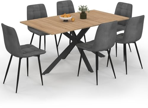 IDMarket - Set rechteckiger Esstisch ALIX 160 cm aus Holz und Schwarz und 6 Stühle Mila aus dunkelgrauem Samt