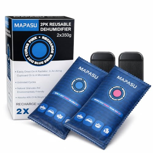 MAPASU Car Dehumidifier Bag – 2 Pack Reusable Dehumidifier Bags 350g, Moisture & Damp Absorber for Windscreens & Interior, Microwave Rechargeable Dehumidifier for Cars, Vans & Home