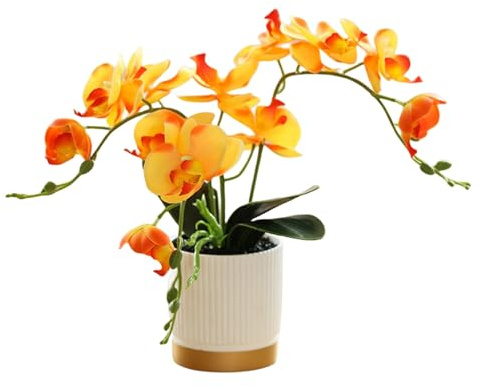 Orchids Artificial Flowers 12.99inch Fake Orchid with Plastic Pot,Orange | Three-pronged, Golden Bottom Pot, Fake Phalaenopsis, Silk Flower, 12Petals,Home Decoration, Made of Silk, Metal and Plastic