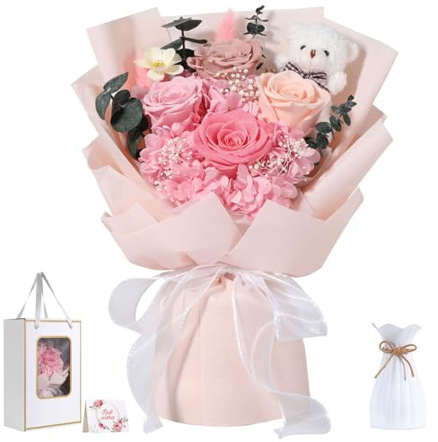 Emibele Fiori Per Consegna Prime, Bouquet Fiori Conservati Con Orso | 4 Rose Rosa Eterne, Regali per San Valentino, Festa Mamma, Compleanno, Anniversario, Laurea–Per Lei Fidanzata Moglie Mamma