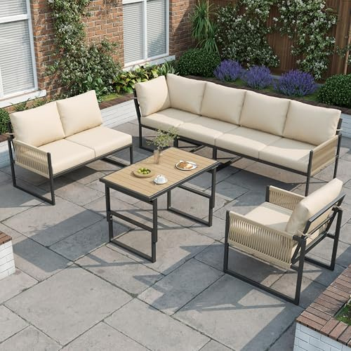 FammyLoft Garden Corner Sofa Set, Patio Conversation Furniture with Adjustable Rising Coffee Table, Outdoor Sofa with Polyester Rope, Weatherproof Garden Furniture for Balcony, Terrace & Patio, Beige