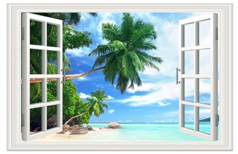 HEATSHAKING Pegatina de Pared 3d Ventana Falsa Removible 86x56 Cm Vinilo Adhesivo Decorativo Paisaje Playa y Bosque para Salón Dormitorio Mejora Hogar