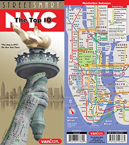 StreetSmart NYC Top 10 Map by VanDam — Laminated pocket size NYC Street & Souvenir Map of Manhattan, NY with 3D Skyline Poster and Top 10 Sights described plus all attractions, museums, sights and ferry routes and NYC Subway Map 2025 edition