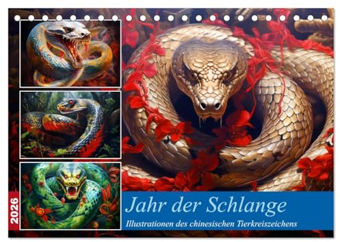 Jahr der Schlange - Illustrationen des chinesischen Tierkreiszeichens (Tischkalender 2026 DIN A5 quer), CALVENDO Monatskalender: Farbenfrohe ... chinesische Tierkreiszeichen (CALVENDO Tiere)