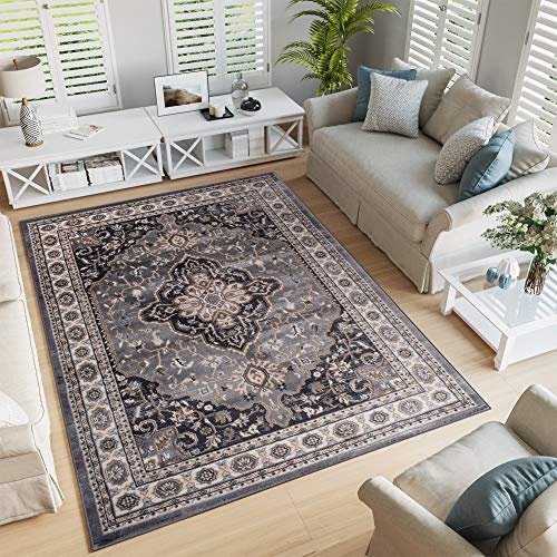 TAPISO Colorado Teppich Wohnzimmer Klassisch Kurzflor Grau Schwarz Beige Floral Ornament Muster Traditionell Orientteppich ÖKOTEX 200 x 300 cm