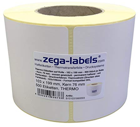 Thermo Etiketten auf Rolle - 103 x 199 mm - 500 Stück je Rolle - Kern: 76 mm - für Versandetiketten DHL - permanent haftend - mit Perforation - Druckverfahren: Thermodirekt (Drucken ohne Farbband)
