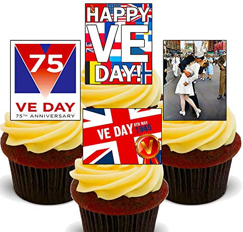VE Day - Edible Cupcake Toppers - Stand-up Wafer Cake Decorations (12)