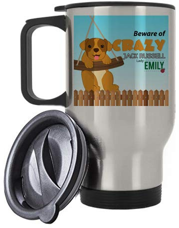 Personalised Crazy Jack Russell Lady Themed 14 oz Silver Travel Mug.