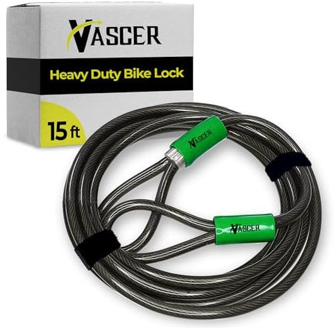 Vascer Bike Cable Lock - 15 Feet (3/8) Security Cable w/Loops -Heavy-Duty AntiTheft Braided Steel w/Vinyl Coating -Locking Accessories for Bicycle, Motorbike, Boat, Ladder, Gate, Mower & Equipment