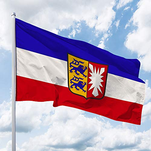 Schleswig-Holstein Flagge – 250 x 150 cm für Fahnenmast, Schleswig-Holstein Fahne mit Wappen, Hissflagge aus reißfestem Fahnen-Polyester-Stoff, wetterfest und UV-beständig