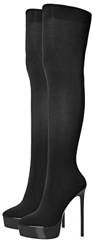 Only maker Damen Plateau Overknees Spitze High Heels Stiefel Stretch Boots Pumps Schwarz 39 EU