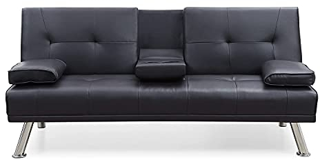 ELEGANT Sofa Bed 2 Seater Click Clack Faux Leather Sofa Bed with 2 Cup Holders, Convertible Futon Settee with Removable Pillow, Futon Recliner Lounge for Living Room, Spare Room, Bedroom, Black