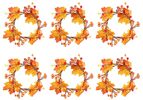 KHBNHJ 6 x Kerzenringe für Herbst-Kranz, Tischdekoration, 11,9 cm, künstlicher Kürbis, Ahornblatt-Kerzenhalter, Ringe mit Beeren, Weihnachtskerzenring, Kränze für Halloween, Thanksgiving Dekoration