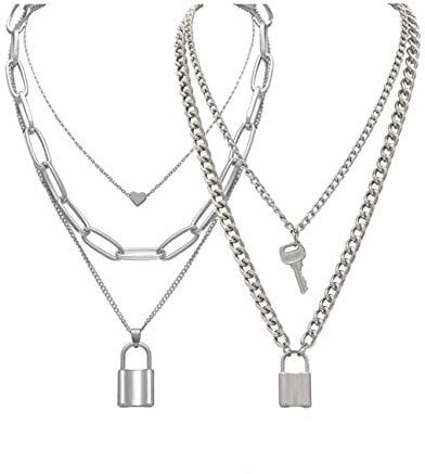 Tanyoyo Lock Key Pendant Necklace Statement Long Chain Punk Multilayer Choker Necklace for Women Men, Metal, not known,