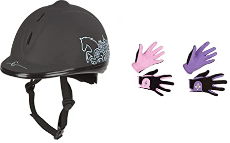 Covalliero Helm Reithelm Beauty VG1, Schwarz, 53-57 cm & Kinder Kinderreithandschuh Lilli Black/Purple, Größe S Reithandschuh, S