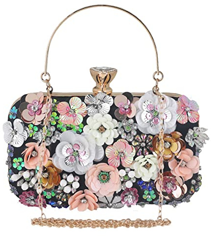 CORIOS Damen Clutch Tasche Blumen Abendtasche Hochzeit Bag Elegante Kette Shiny Strass Handtasche Schultertasche Umhängetasche für Hochzeit Abschlussball Bankett-Party Schwarz
