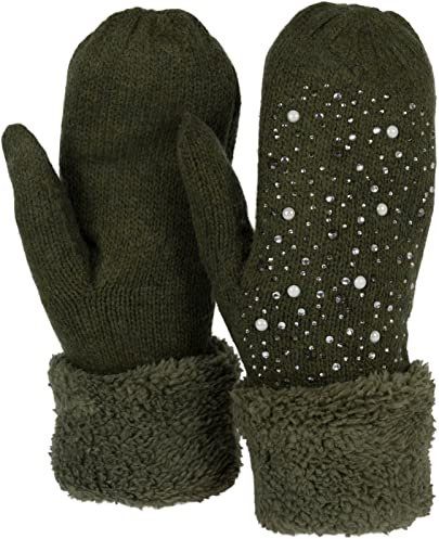 styleBREAKER Damen warme Winter Strick Fäustlinge mit Strass und Perlen, Handschuhe, Thermo Fleece, Strickhandschuhe 09010039, Farbe:Oliv