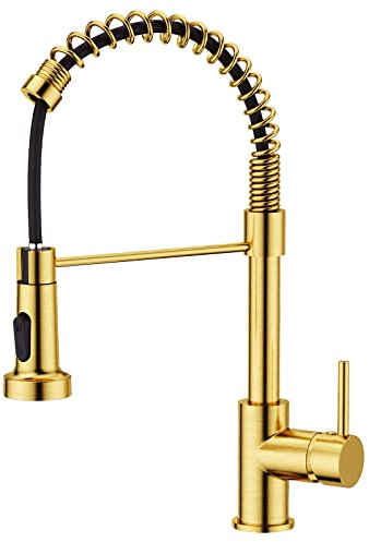 FORIOUS Robinet Cuisine, Mitigeur Cuisine Avec Douchette Pivotant à 360° d'Évier à Arc Élevé Pulvérisateur Escamotable 2 Modes, Or Brossé