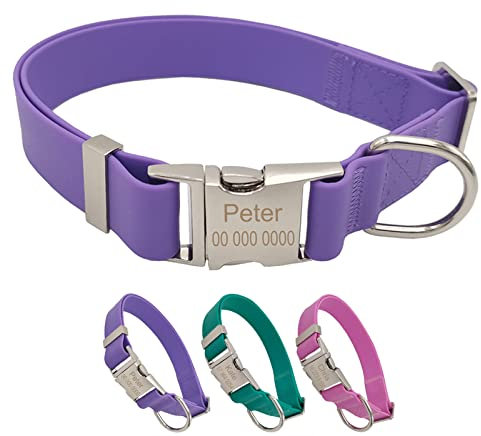 TONYFY Collier de Chien personnalisé en Silicone PVC imperméable, gravé avec Le nom et Le numéro de téléphone, Taille Ajustable, pour Chiens de Petite Taille Moyenne et Grande Taille (Violet, L)