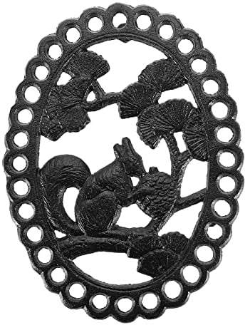 SUMTree Heavy Duty Oval Cast Iron Trivet, Decorative Trivet for Kitchen Worktops, Squirrel Pattern Teapot Pan Stand with Rubber Feet, Hot Pot Mat Holder for Kitchen Dining Room Table