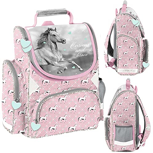 PASO School bag backpack horse, Pink and Grey, 36 x 28 x 20 cm