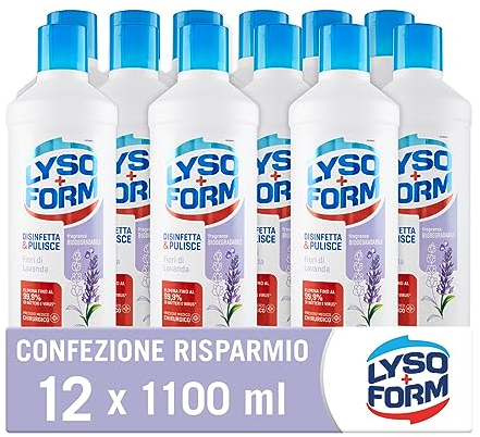 Lysoform Pavimenti Lavanda, Detersivo Pavimenti, Adatto a Tutti i Tipi di Pavimenti, Aiuta a Rimuovere gli Allergeni, Lieviti e Muffe, con Fragranza Biodegradabile, 12 Pezzi da 1100 ml