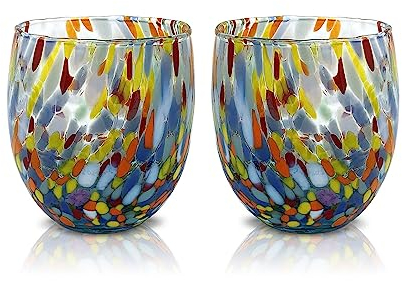MAZZEGA ART & DESIGN – 2 „Goto“-Wassergläser aus mundgeblasenem Glas mit Murano-Murrine – Die Farben von Murano – Modell „Classic“ 320 ml. Hergestellt in Italien
