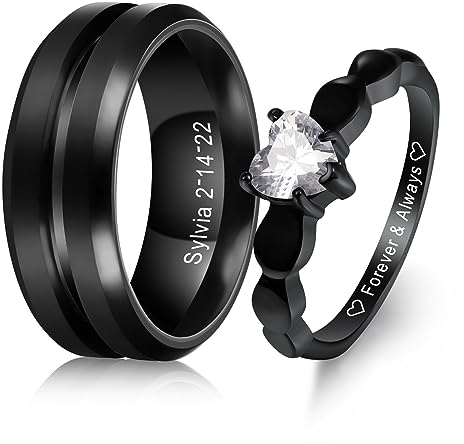 MeMeDIY Personalisierte Edelstahlpaare Ringe Set, Gravierte Namen Versprechen Mit Herz Edelstein, Geschenktüte Enthalten (Stil 1)