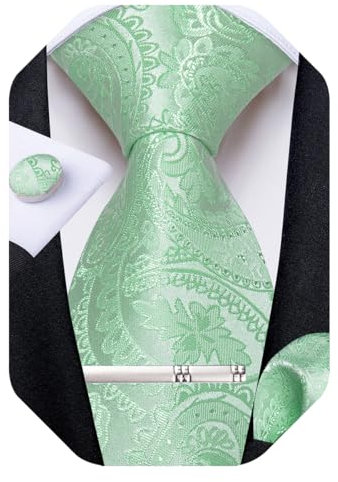 DiBanGu Seiden-Paisley-Krawatte für Herren, gewebte Krawatte und Einstecktuch, Krawattenklammer und Manschettenknöpfe, Set, Geschenkbox, Hochzeitsfeier, Mintgrün Paisley, Einheitsgröße