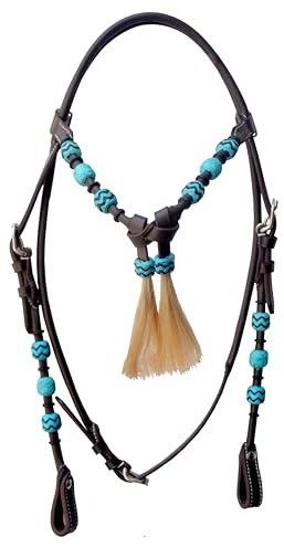 WeavingCraft Western-Lederhalfter mit natürlichem handgeflochtenem Türkis, Rohleder, Futurity-Knoten, Naturhaarquasten, Zaumzeug, Dunkelbraun (Cob)
